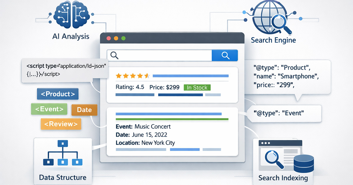 Illustration showing schema markup helping search engines understand structured website data