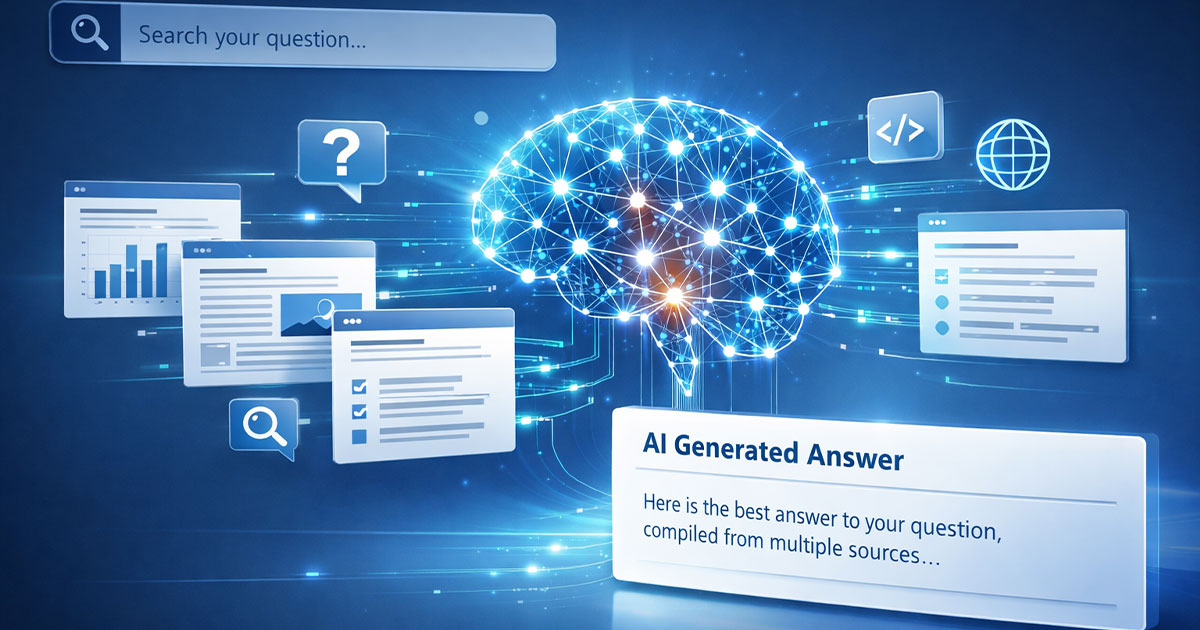 Illustration showing AI search engines analyzing website content to deliver answer-based search results