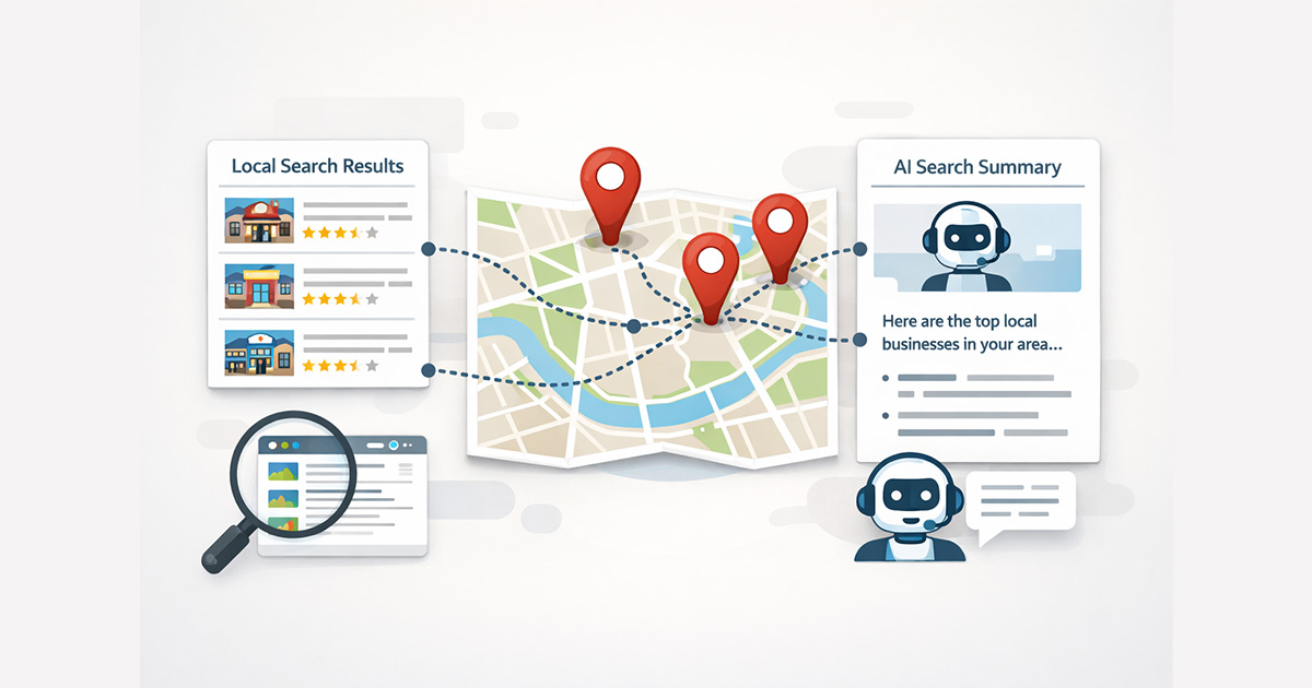Illustration showing local businesses appearing in AI-powered search results and map listings