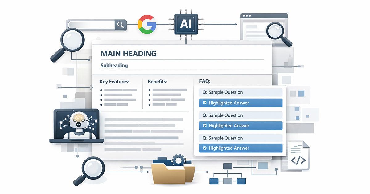 Illustration showing structured website content with headings and sections for SEO and AI search