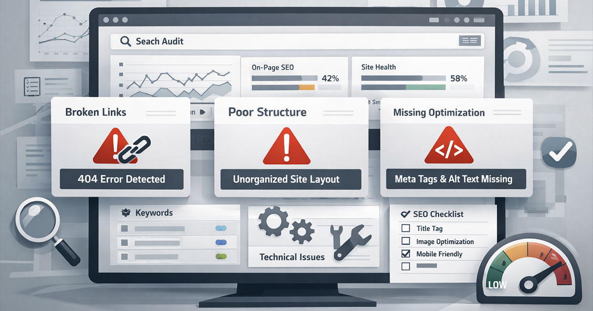 Illustration showing common SEO mistakes affecting website search visibility