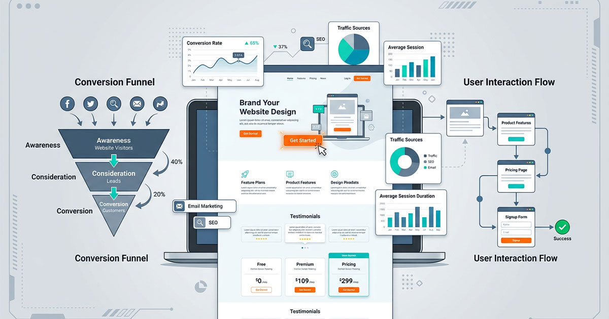 Illustration showing a high-converting website design with call-to-action elements and user flow