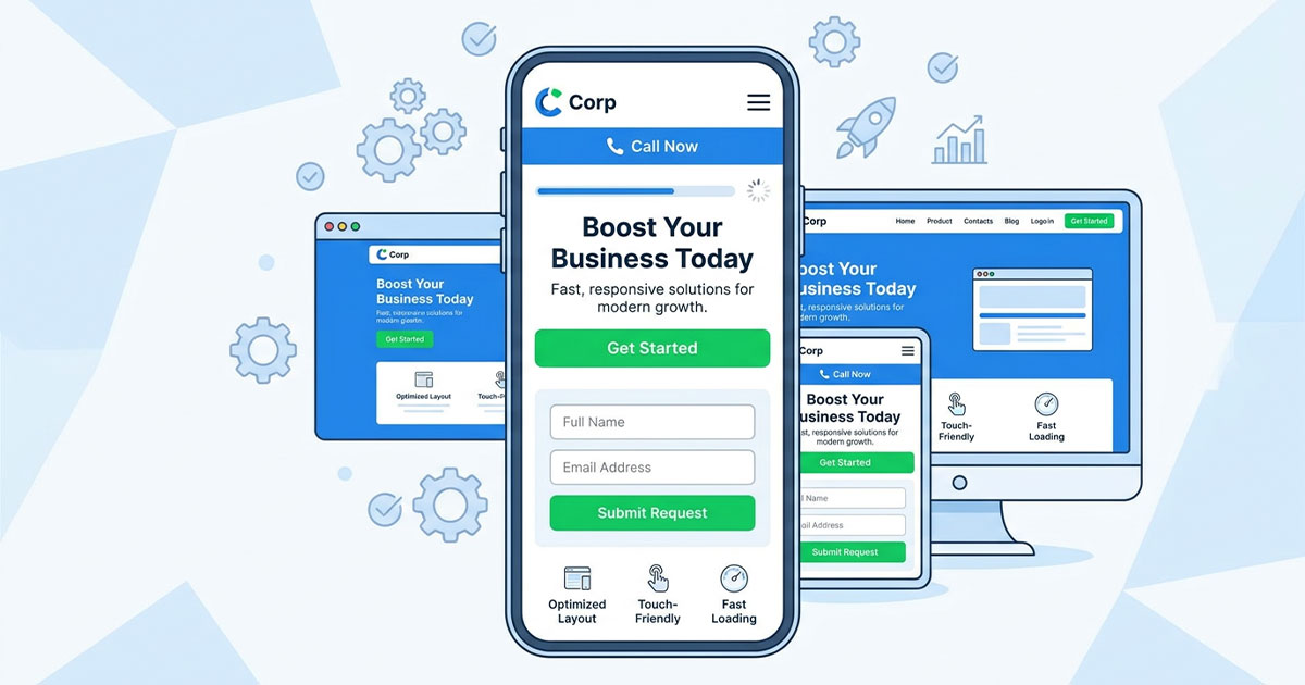 Illustration showing a mobile-optimized website with responsive design and touch-friendly interface