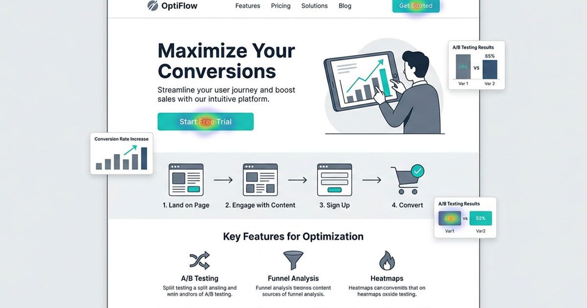 Illustration showing a high-converting website layout with call-to-action buttons and user flow
