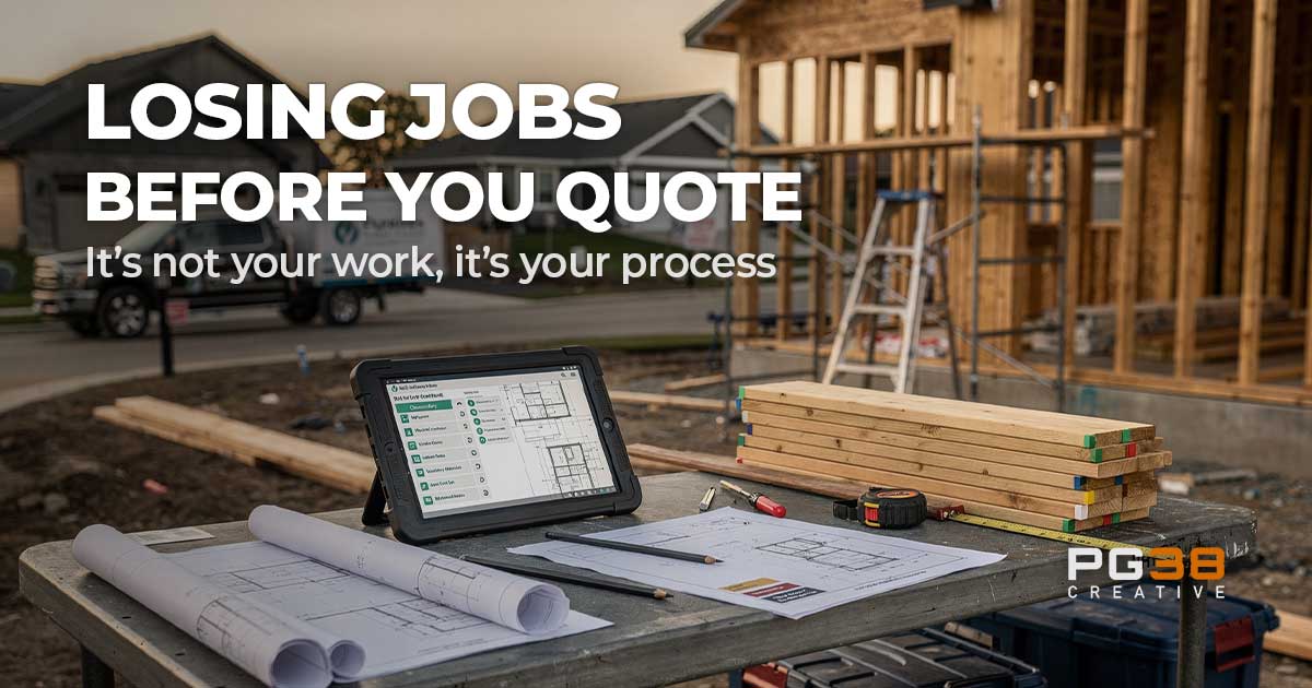 Contractor reviewing construction plans on tablet at job site with message about losing jobs before quoting