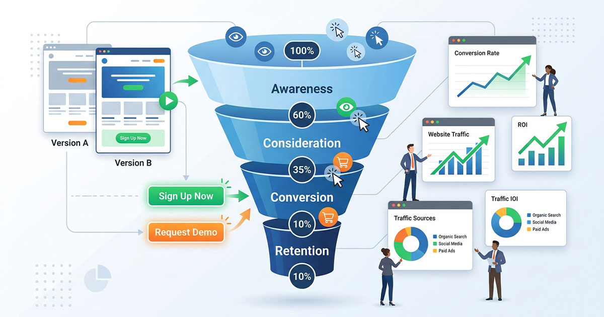 Illustration showing conversion rate optimization funnel improving website performance