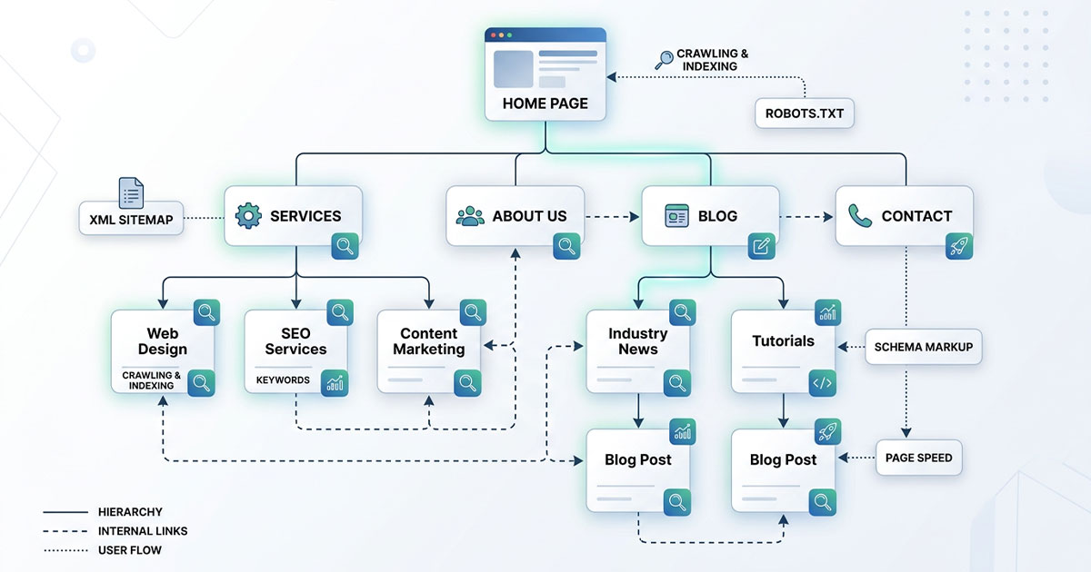Illustration showing website structure hierarchy with internal linking and page organization