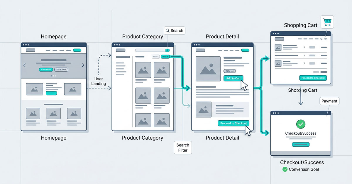 Illustration showing user experience design with website navigation flow and conversion pathways