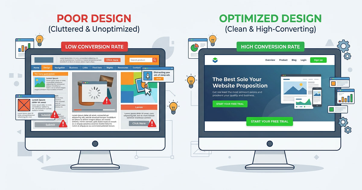 Illustration showing common website design mistakes that reduce conversions