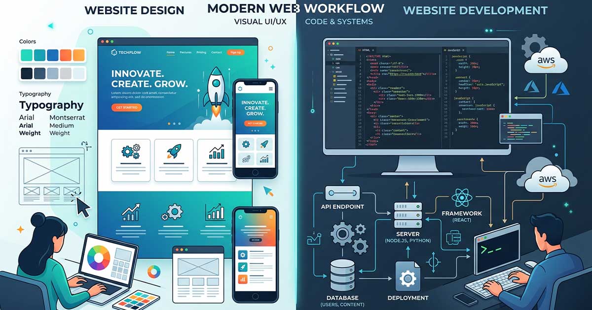 Illustration comparing website design elements and website development coding structure