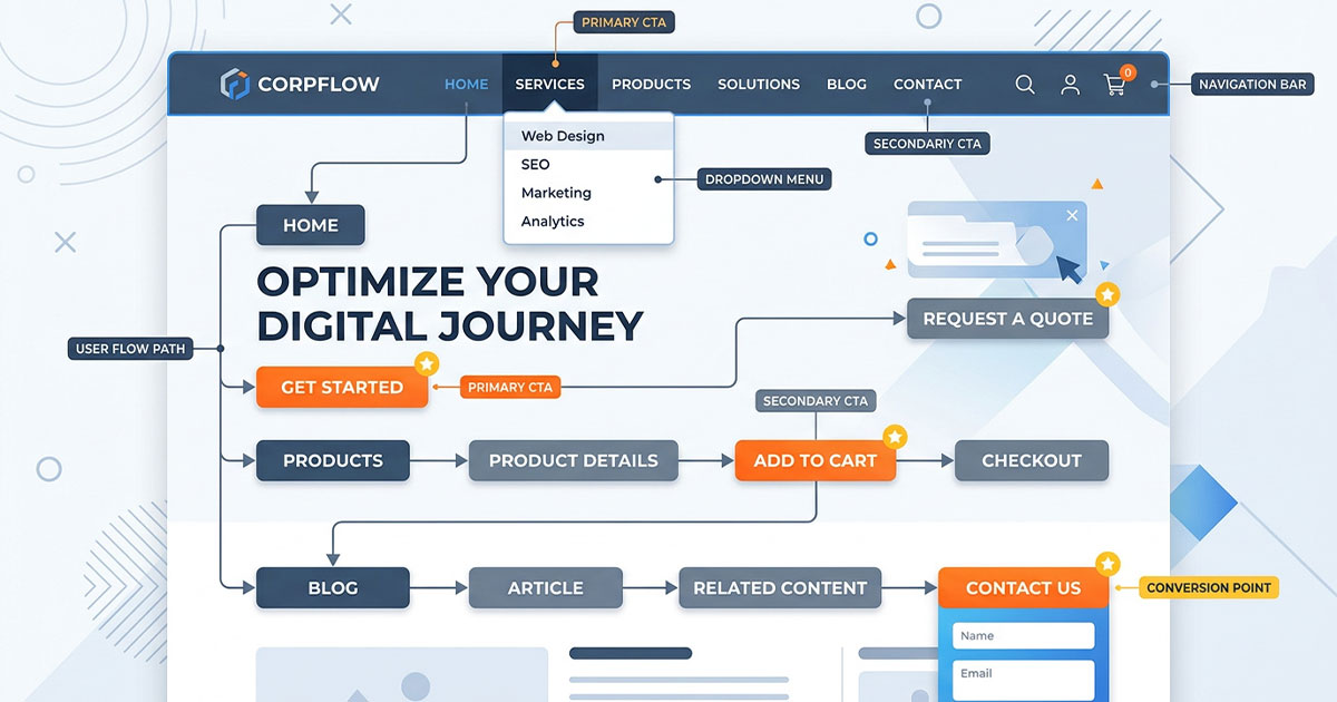 Illustration showing website navigation structure guiding users toward conversion actions