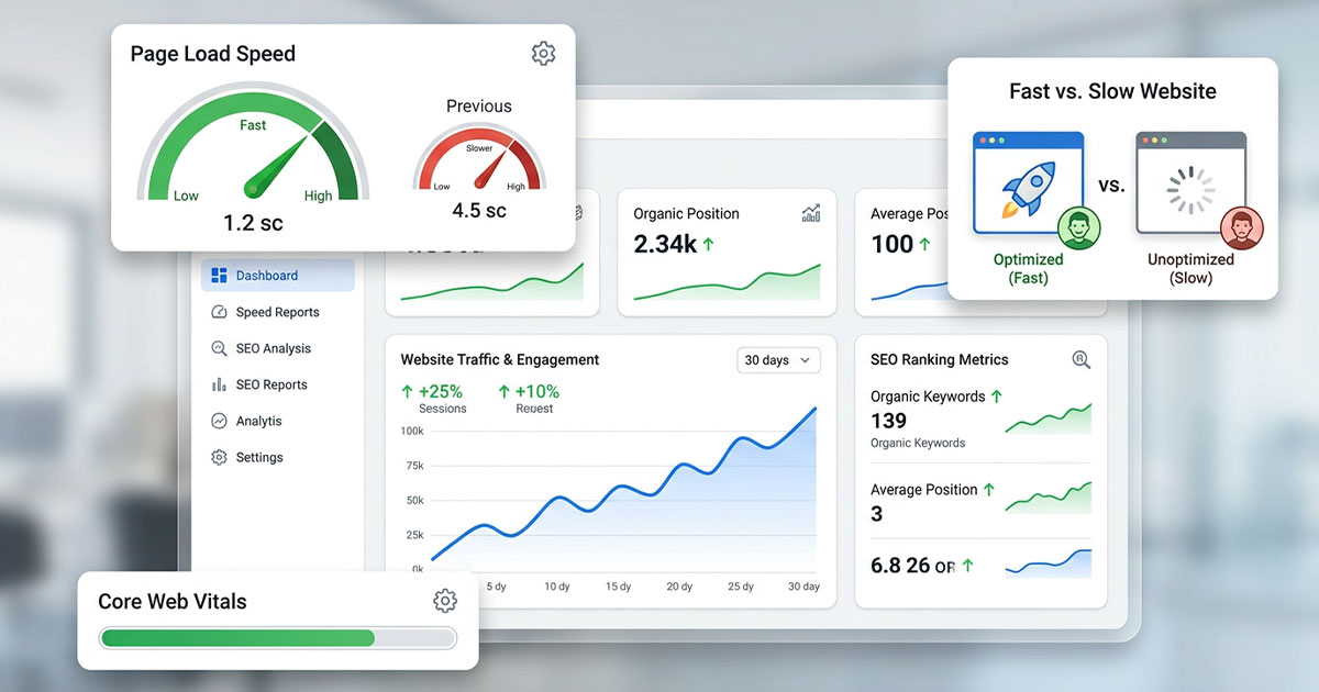 Illustration showing website speed performance metrics and fast-loading website interface