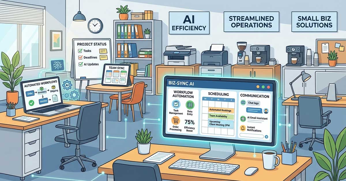 Illustration showing small business using AI tools to improve efficiency and daily operations