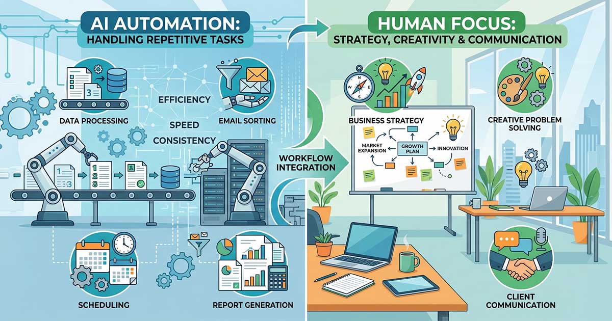 Illustration showing balance between AI automation and human work in business operations