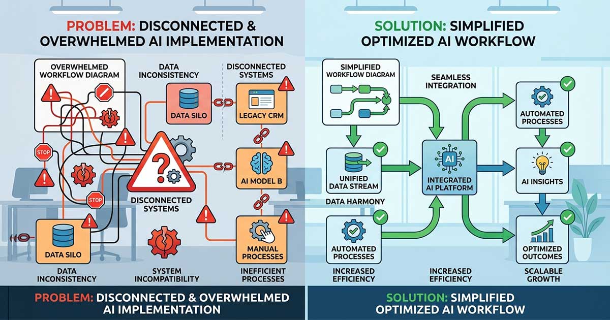 Illustration showing common AI implementation mistakes and improved optimized workflow