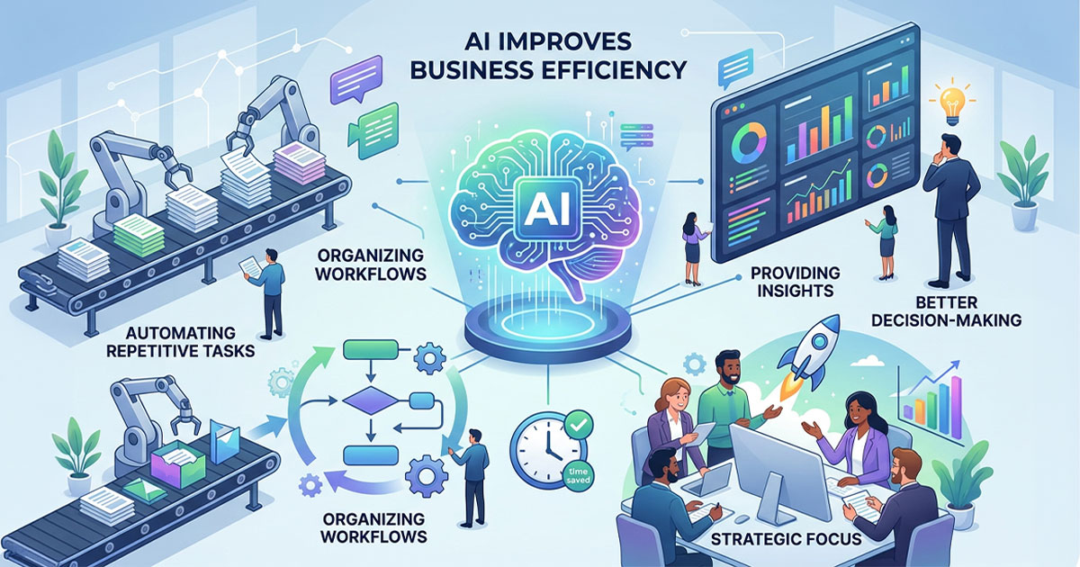 Illustration showing AI improving business efficiency through automation and workflow optimization