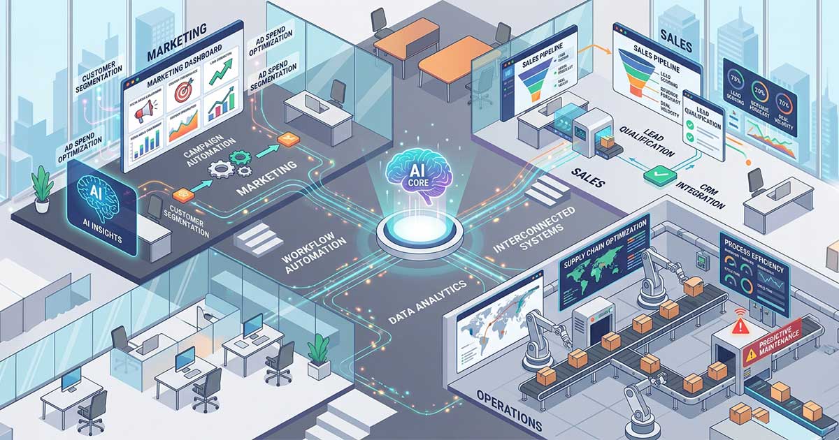 Illustration showing AI improving marketing, sales, and business operations through automation