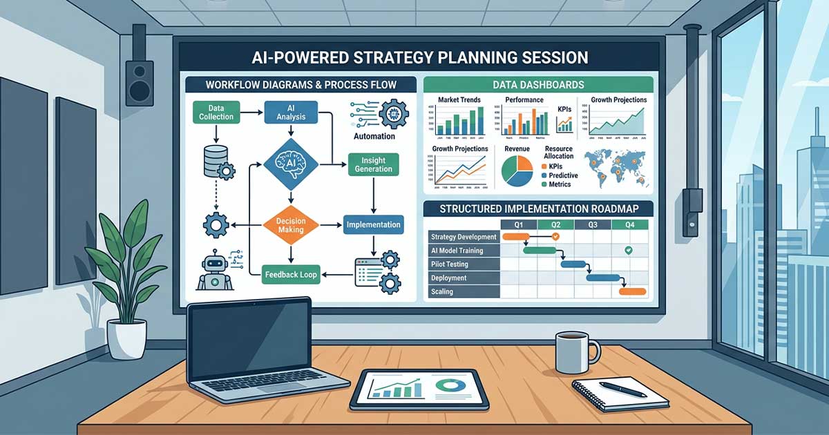 Illustration showing business planning and AI strategy development with workflow optimization
