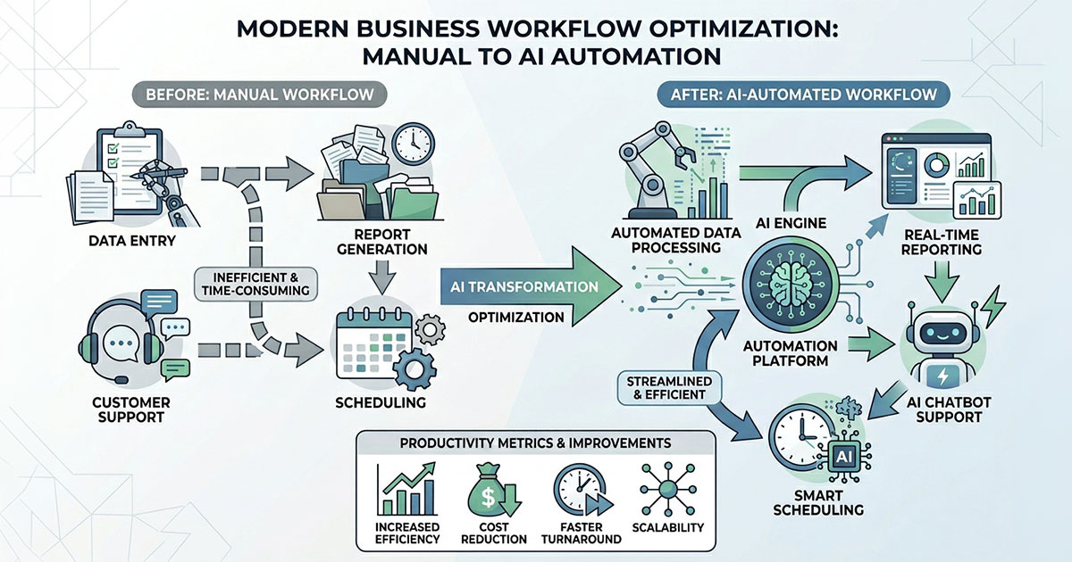 Illustration showing business tasks being automated with AI to improve workflow efficiency