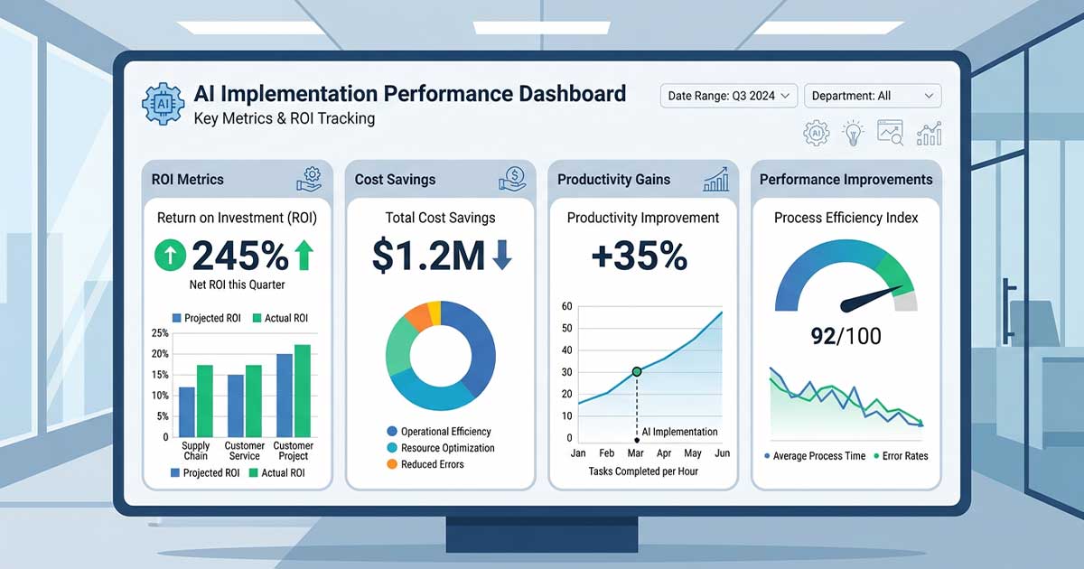 Illustration showing AI performance metrics and ROI growth through business optimization