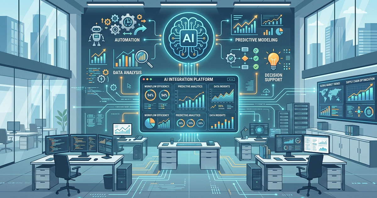 Illustration showing AI tools optimizing business workflows and improving efficiency