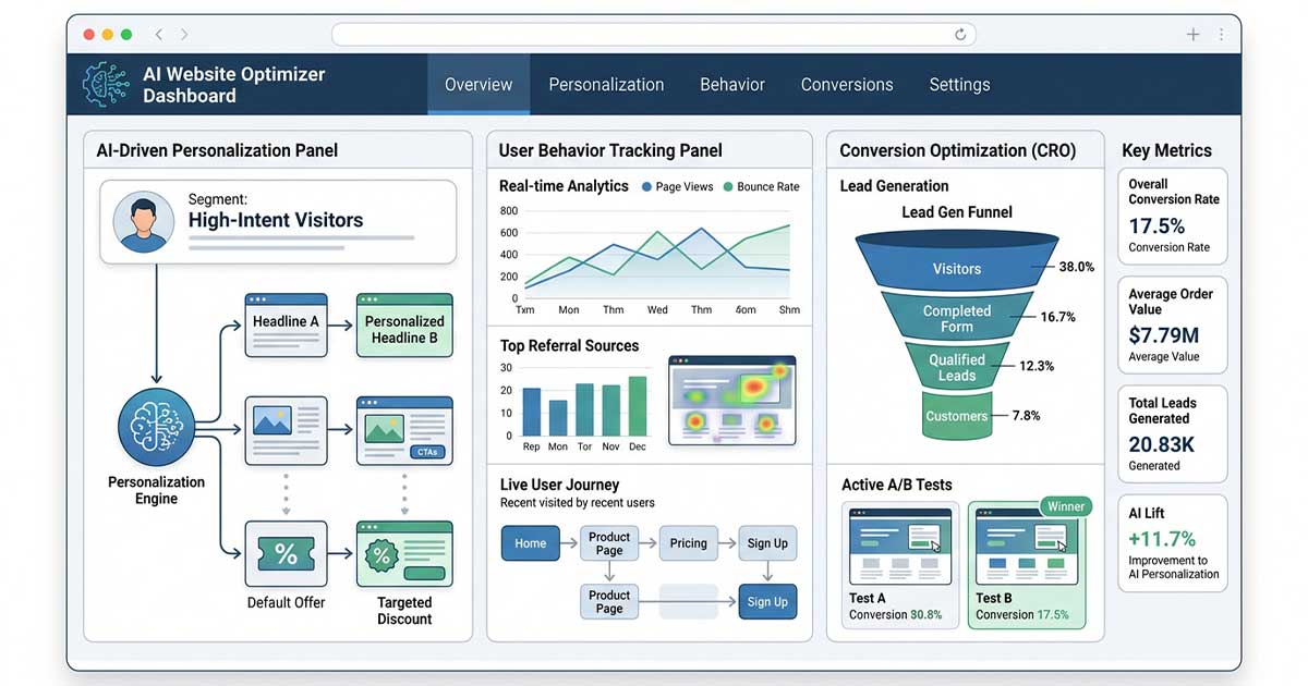 Illustration showing AI improving website performance and lead generation through personalization