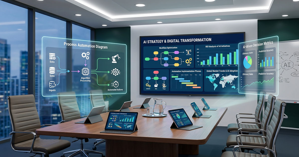 Illustration showing AI consulting helping businesses optimize workflows and improve operations